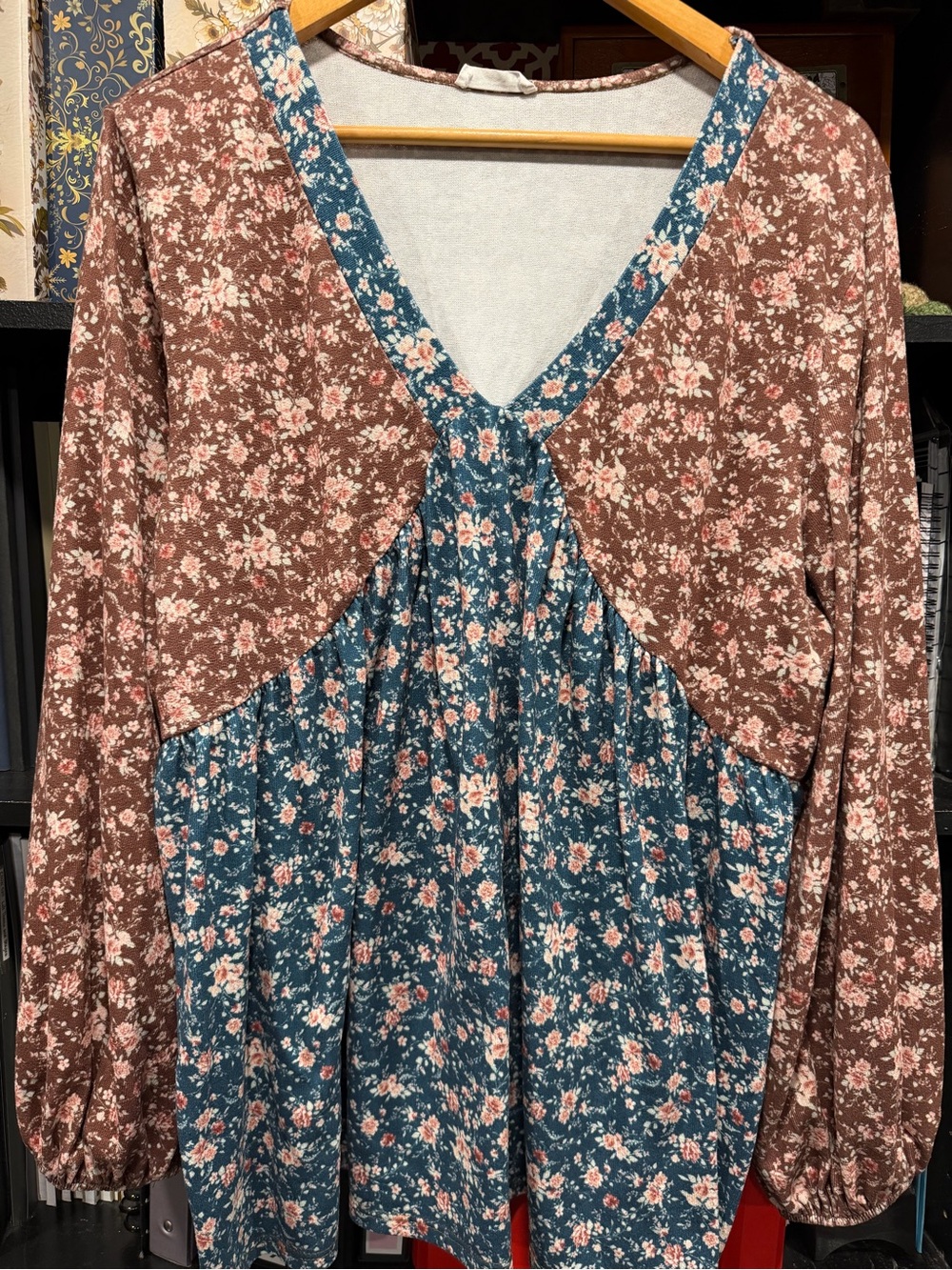Floral Mixed-Print V-Neck Blouse in Teal and Brown